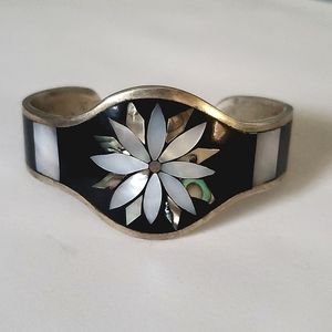 Silver bracelet with abalone and pearl inlay